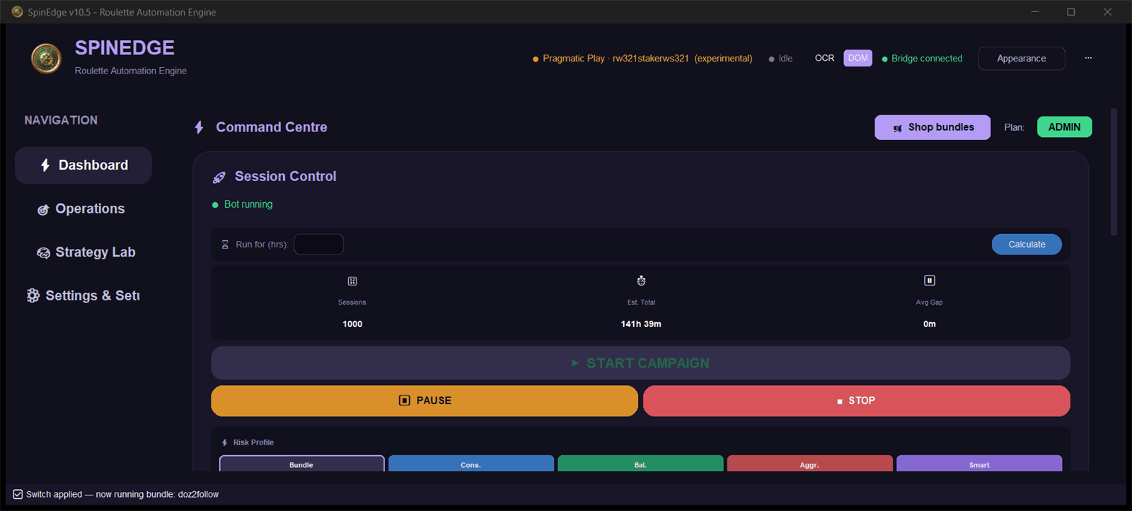The SpinEdge Command Centre with a session running: the provider bar reads Pragmatic Play, bridge connected, and Session Control shows the bot running with a 1,000-session plan estimated at 141 hours 39 minutes.