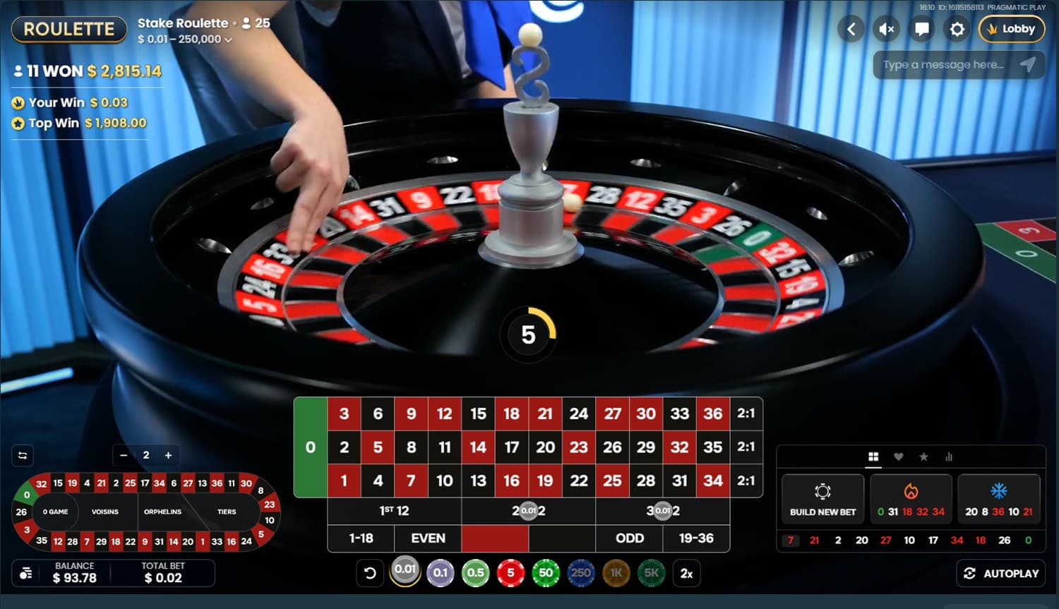 A live Stake Roulette table by Pragmatic Play with SpinEdge's chips already placed on two dozens, a total bet of two cents, and the wheel resolving to 5.